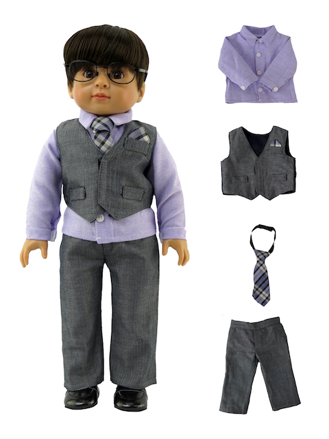 Gray Suit Set with Purple Shirt and Tie 1633 - American Fashion World